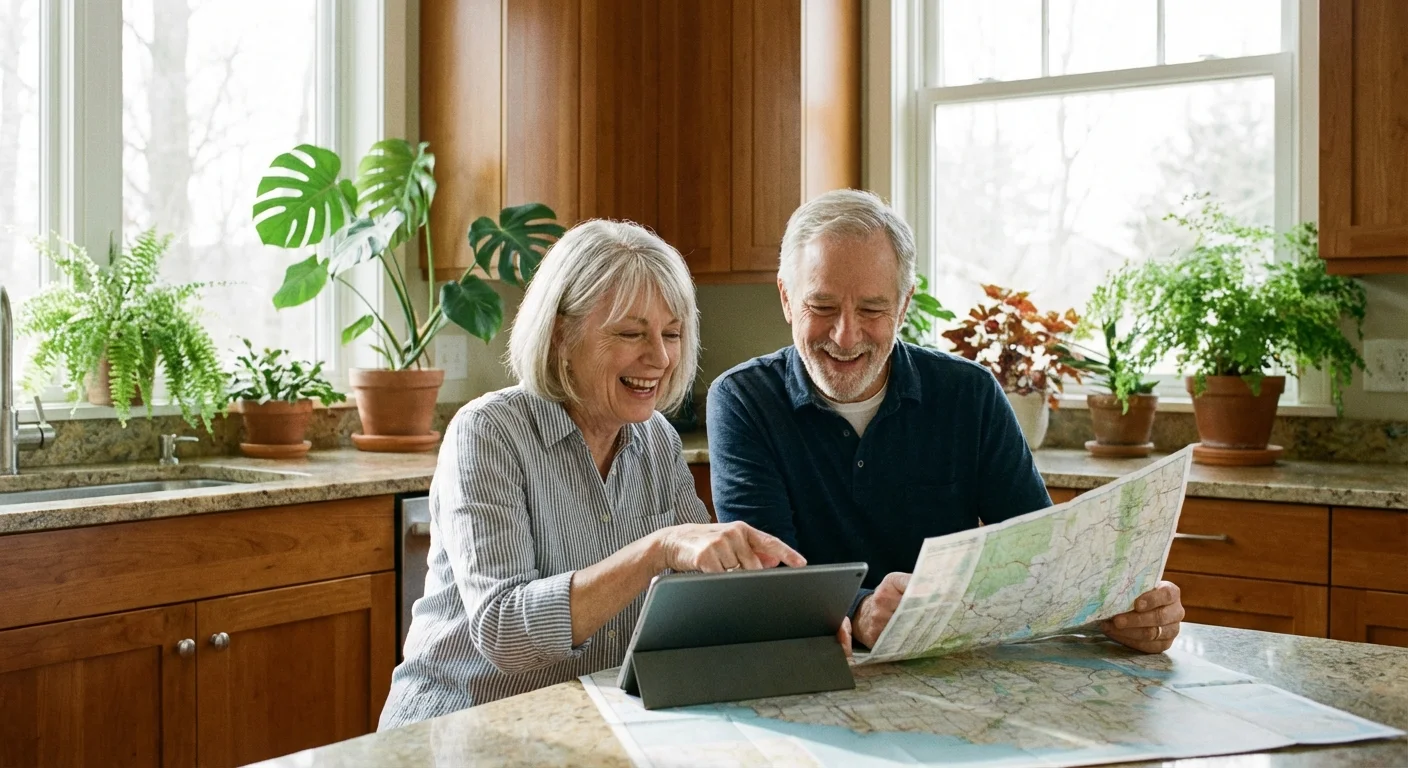 A senior couple sitting at a bright kitchen table planning their relocation with a tablet and map.