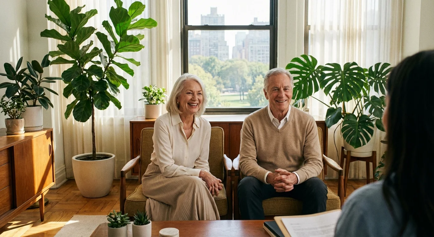 A senior couple smiling during a professional consultation.