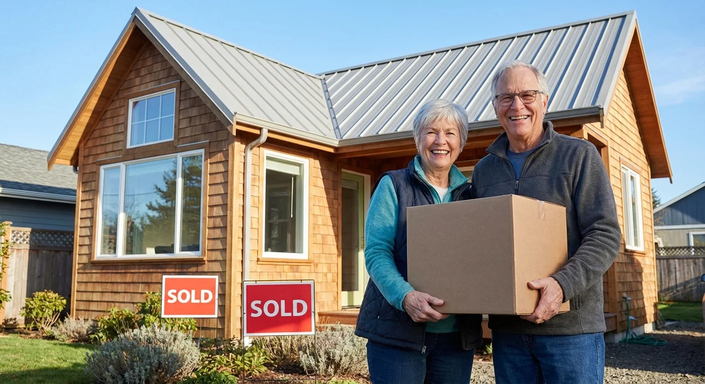 A senior couple smiling in front of their new, smaller home.