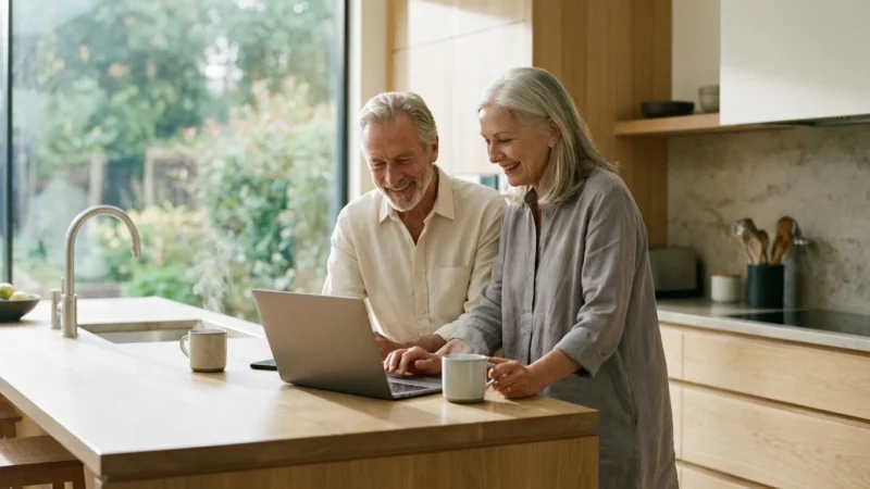 A senior couple smiling while looking at a laptop in a bright, modern kitchen.