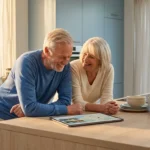 A senior couple smiling while looking at a tablet in a bright, modern kitchen.