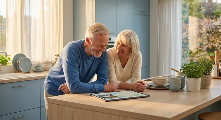A senior couple smiling while looking at a tablet in a bright, modern kitchen.