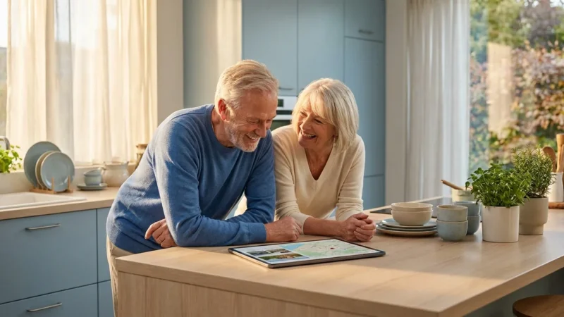 A senior couple smiling while looking at a tablet in a bright, modern kitchen.