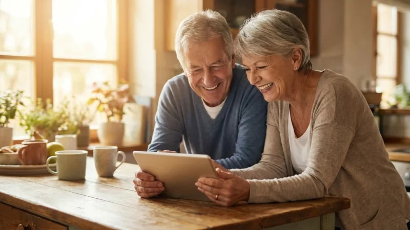 A senior couple smiling while looking at a tablet in a sunlit kitchen, representing retirement security.