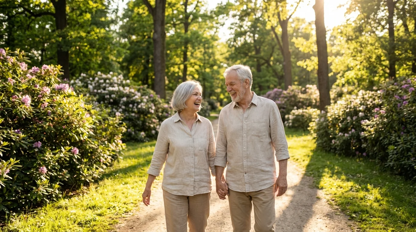 A senior couple walking and talking in a beautiful, sun-drenched park.