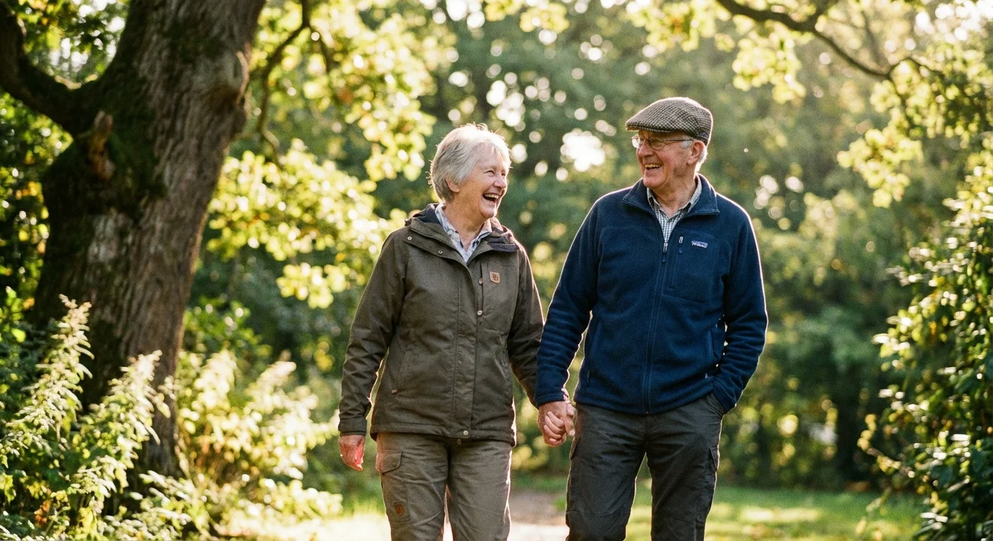 A senior couple walking and talking together in a sunny park.