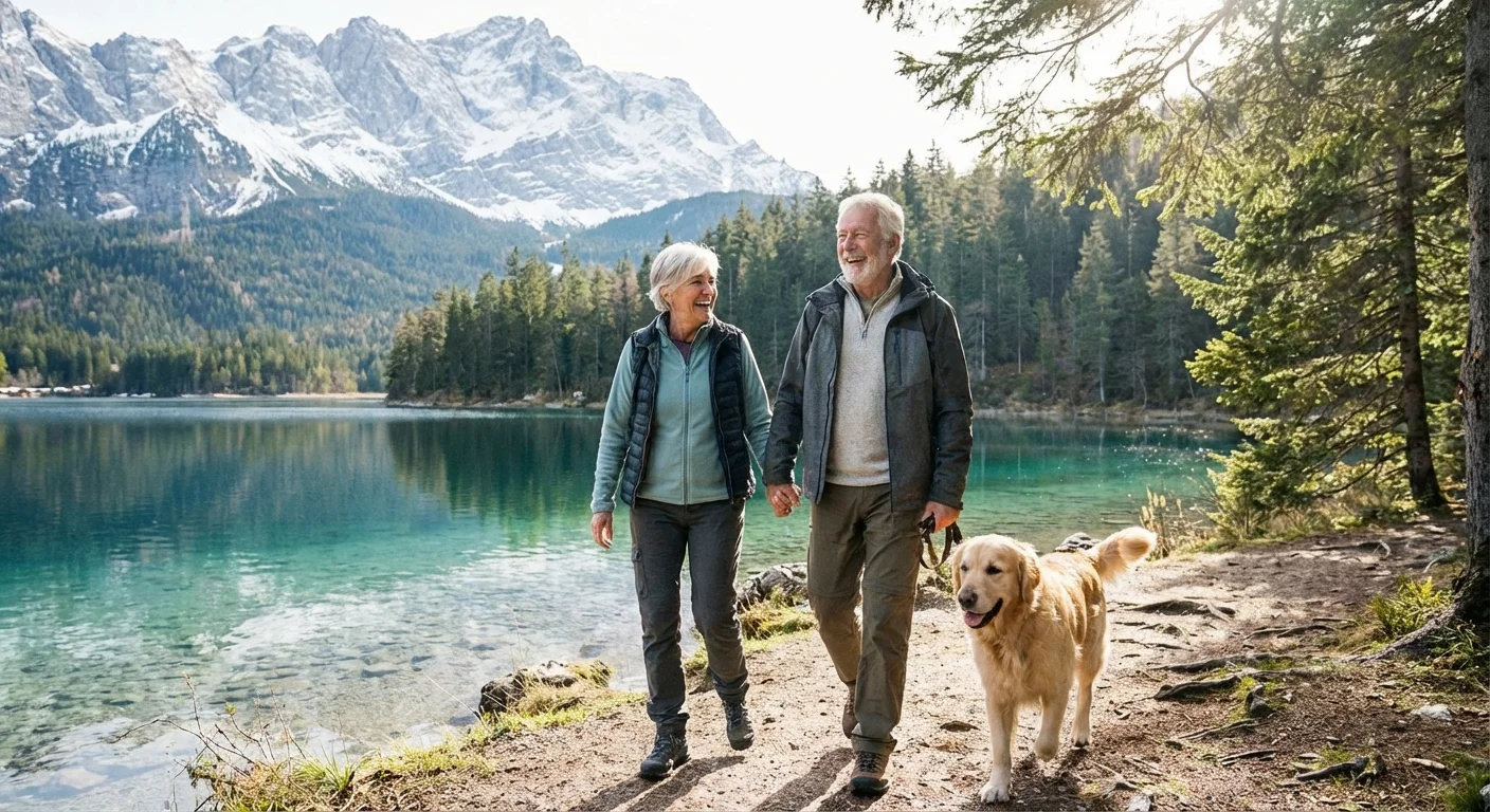 A senior couple walking by a scenic lake in San Bernardino.