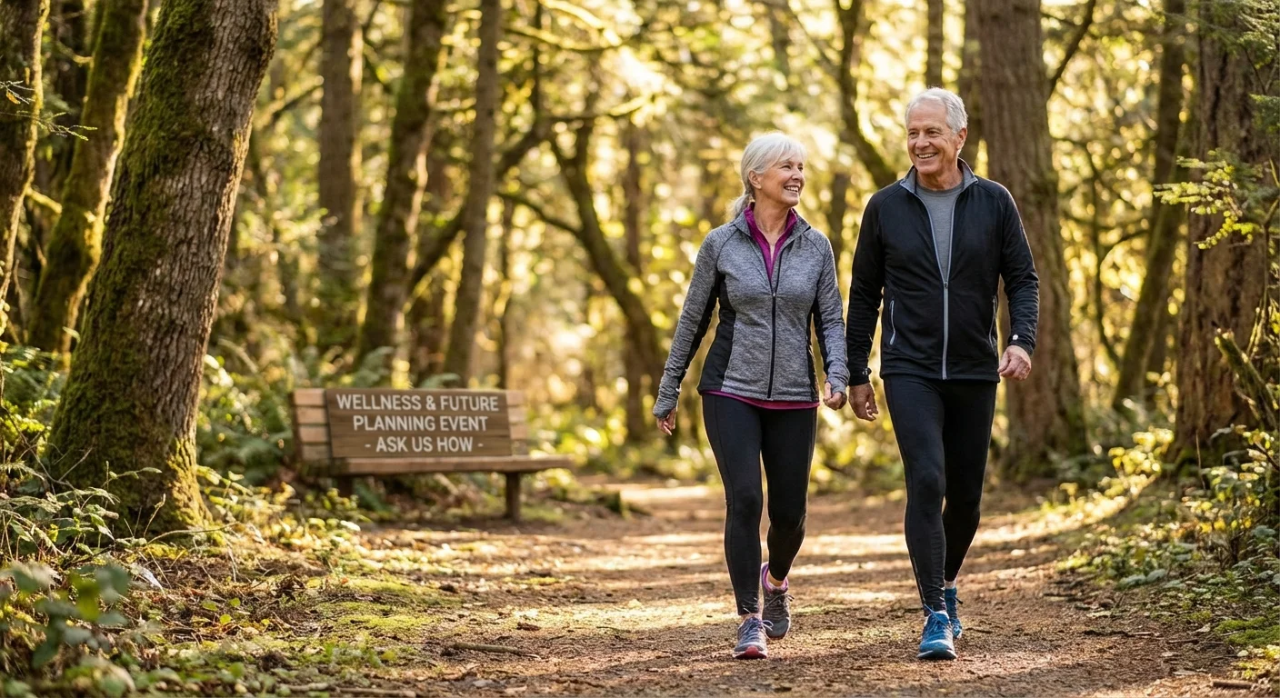 A senior couple walking for exercise in a beautiful green park.