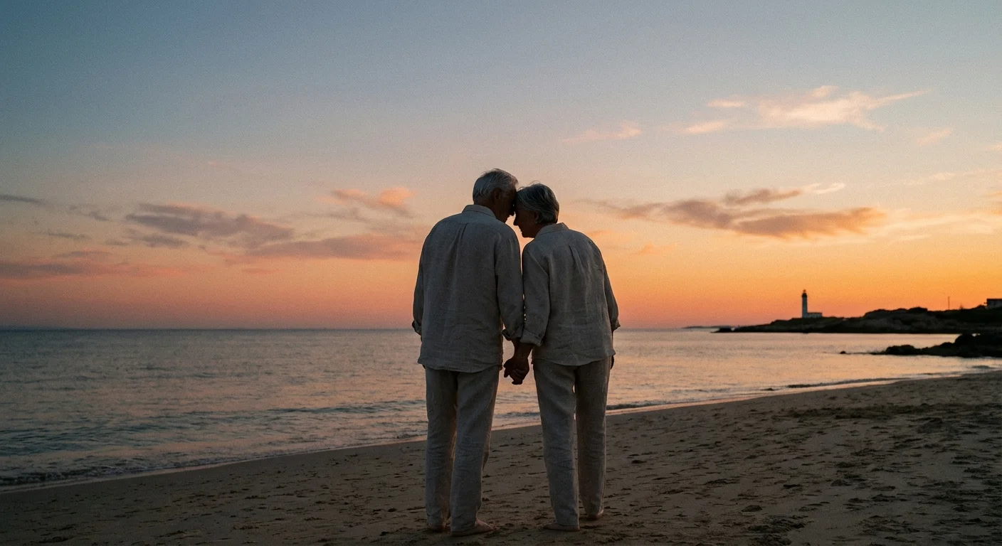 A senior couple walking hand-in-hand on a beach at sunset.