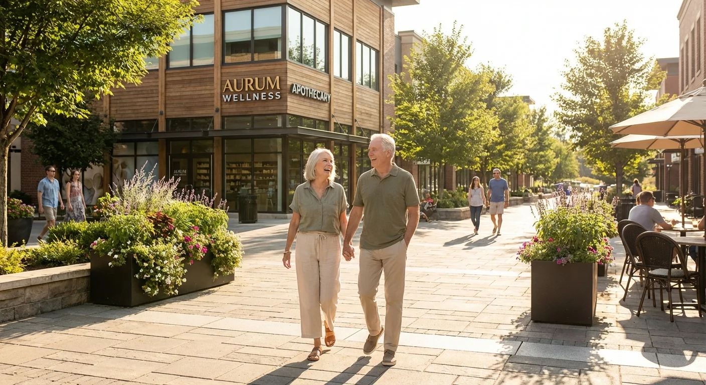 A senior couple walking in a modern neighborhood near a wellness center.
