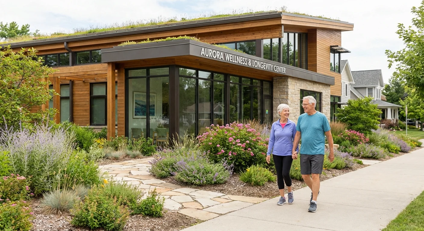 A senior couple walking near a modern healthcare facility in a suburban setting.