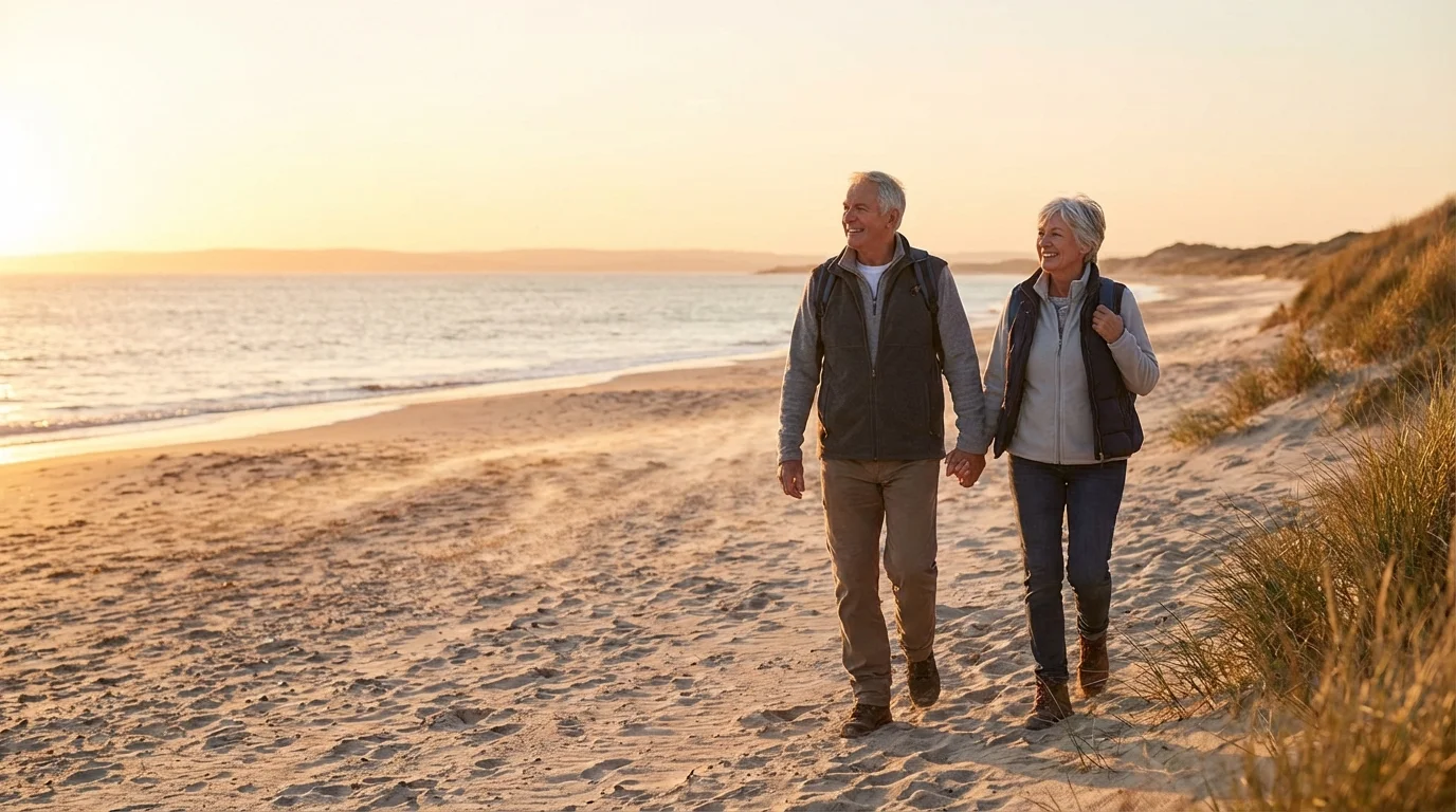 A senior couple walking on a beach at sunset, looking toward the horizon.