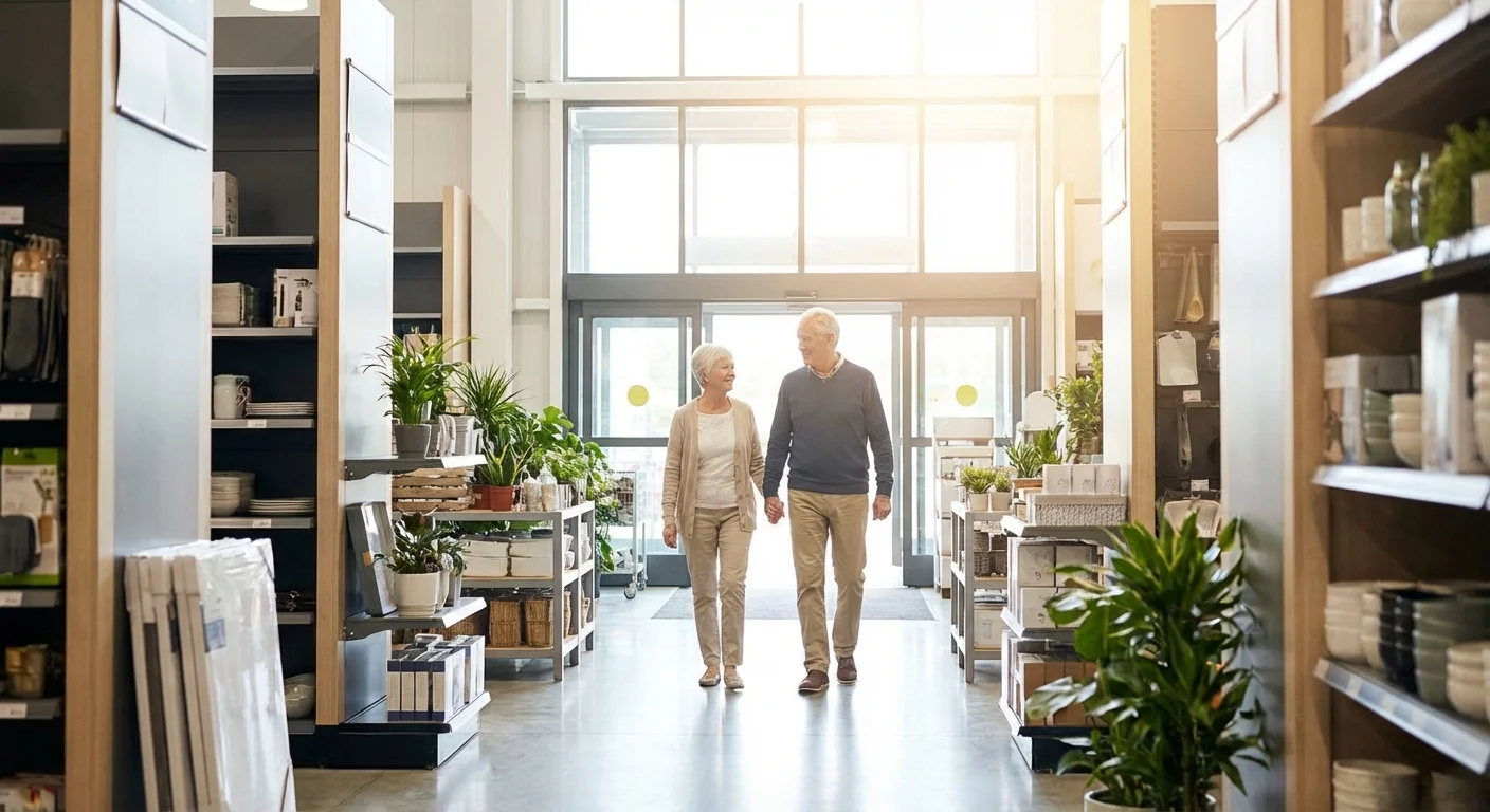 A senior couple walking through a bright store aisle toward the exit.