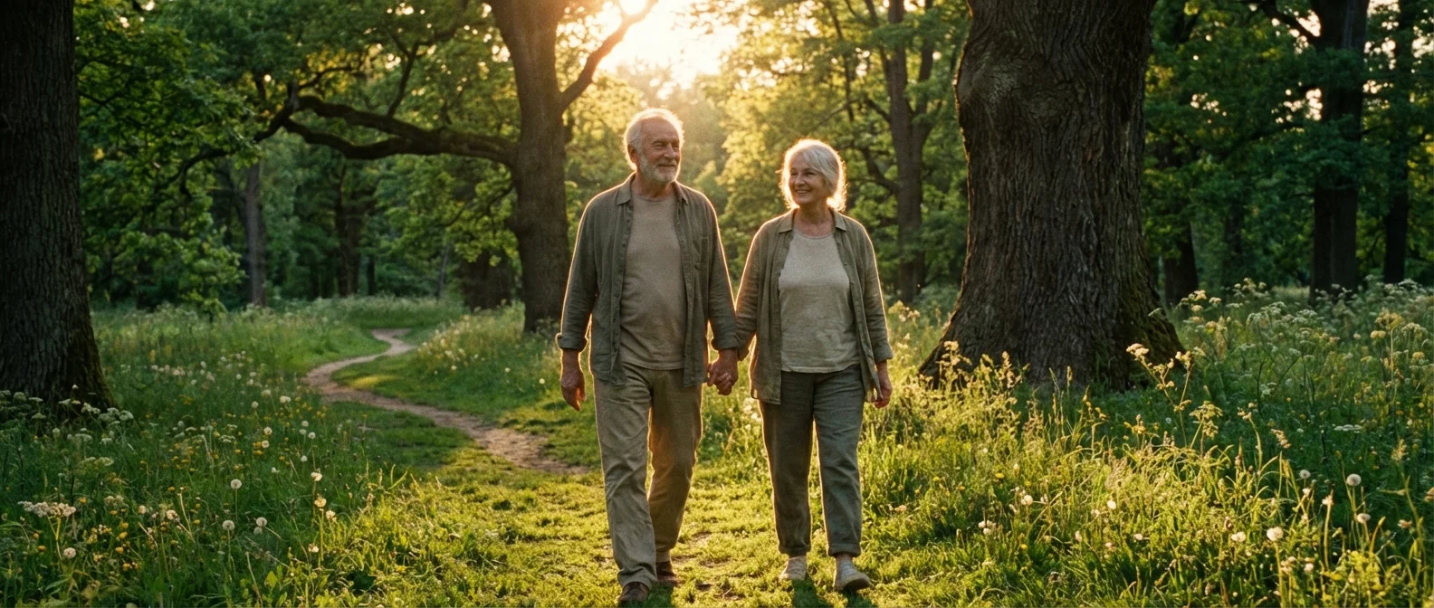 A senior couple walking through a park at sunset.
