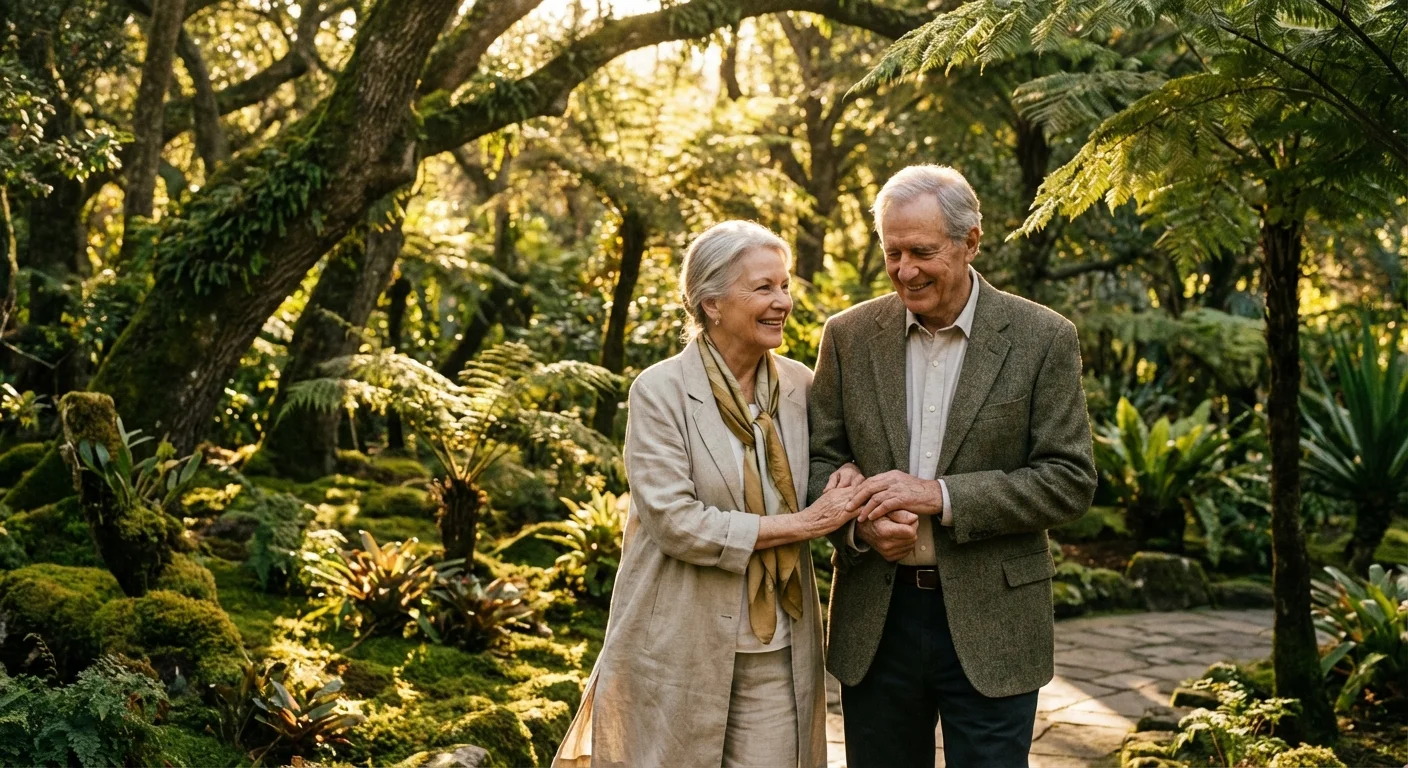 A senior couple walking together in a beautiful garden.