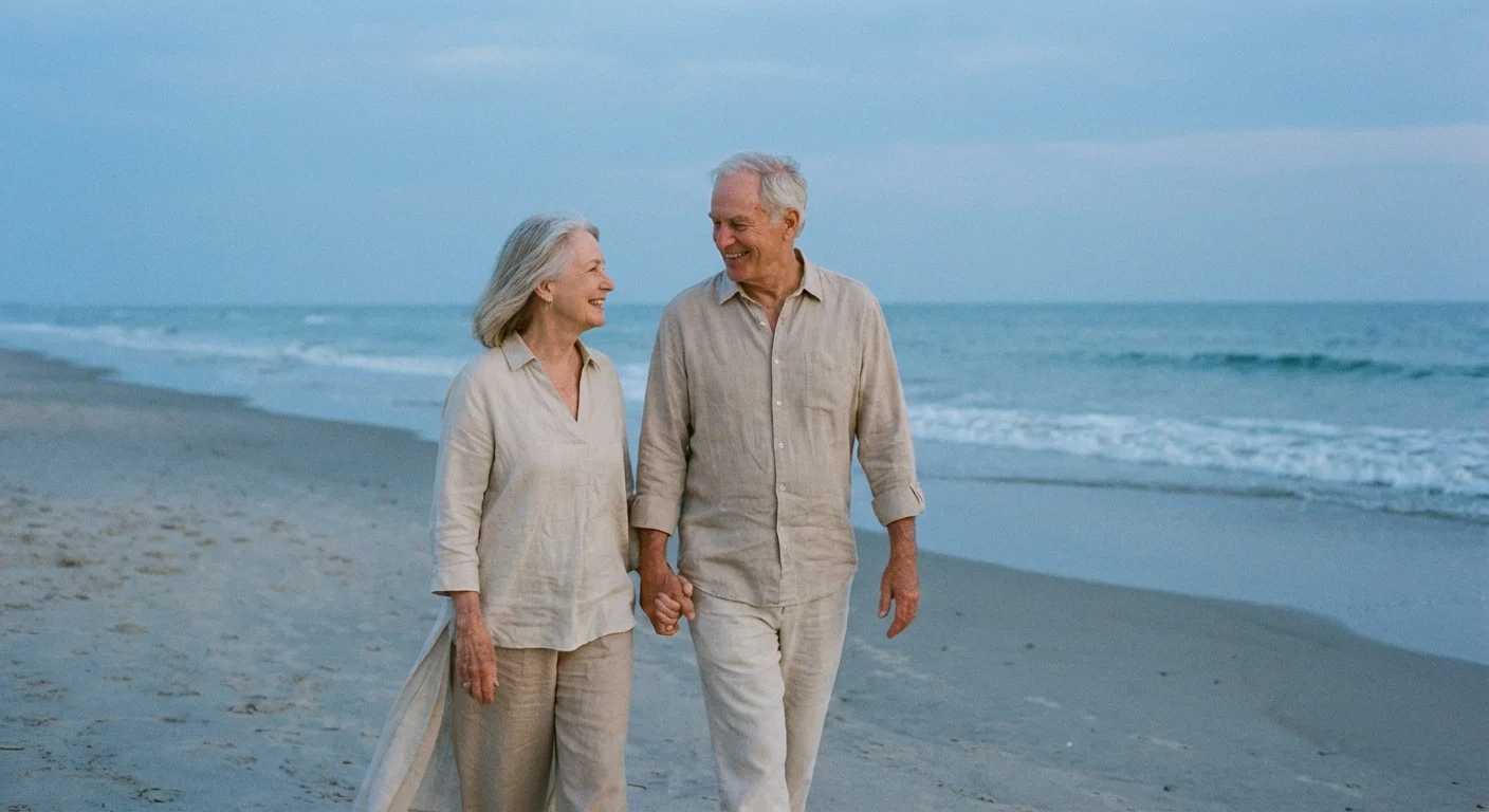 A senior couple walking together on a beach at dusk.