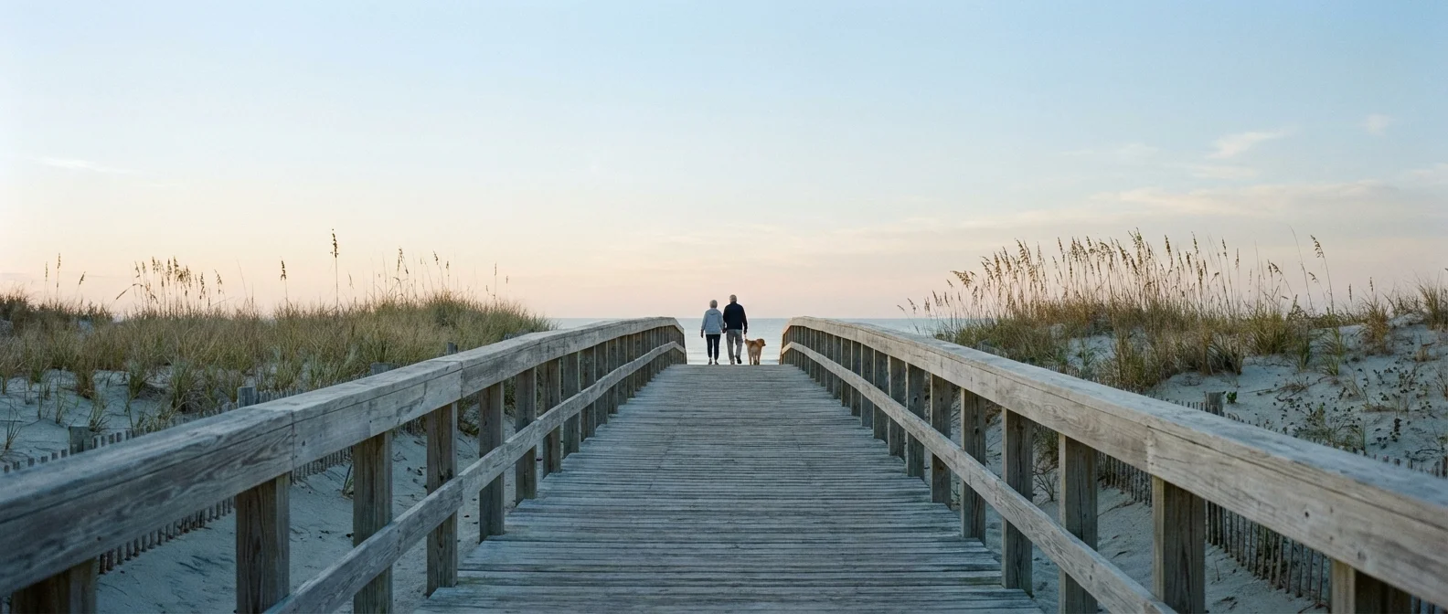 A senior couple walks a dog on a quiet Delaware boardwalk at dawn.
