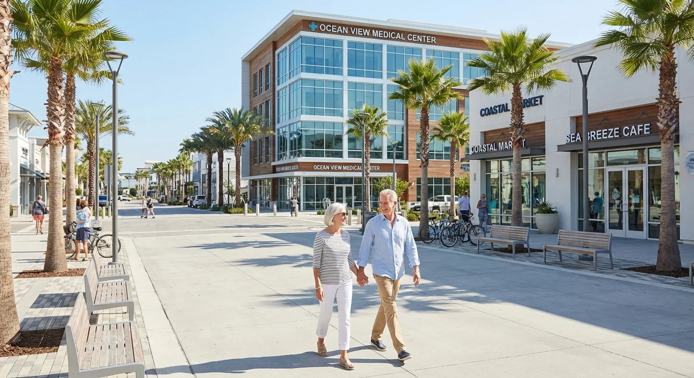 A senior couple walks through a well-maintained coastal town with modern amenities and palm trees.