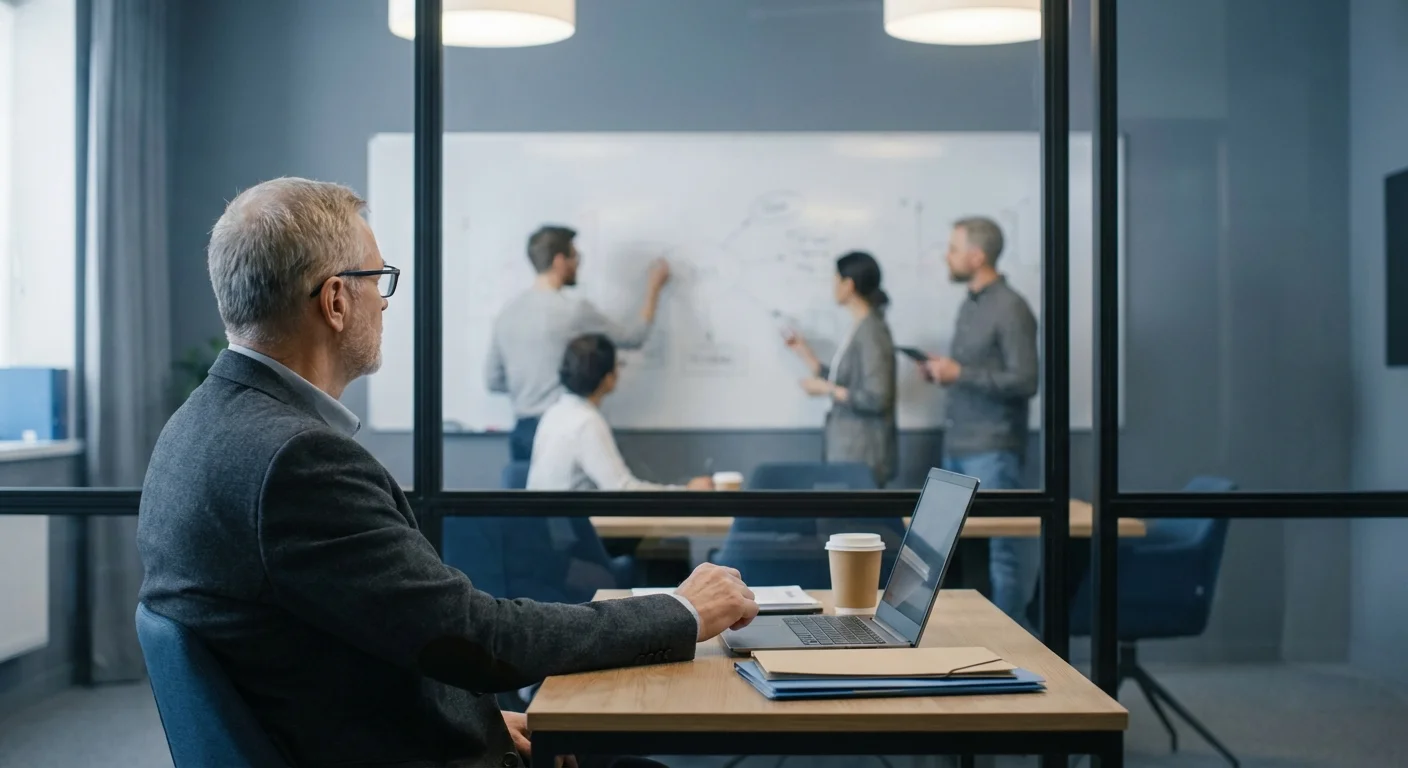A senior employee at a desk looking toward a busy team meeting in a glass conference room.