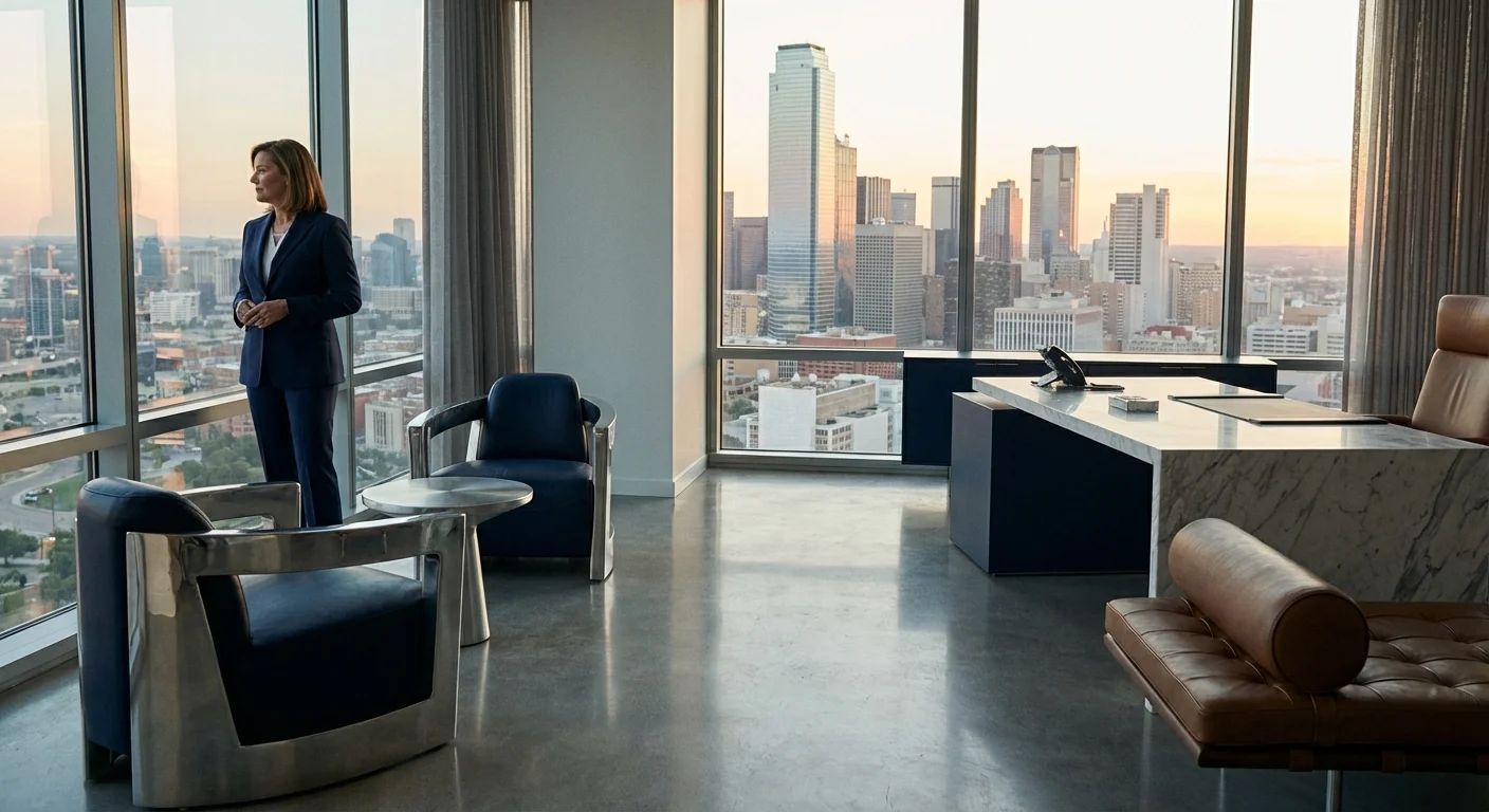 A senior executive in a modern Dallas high-rise office.