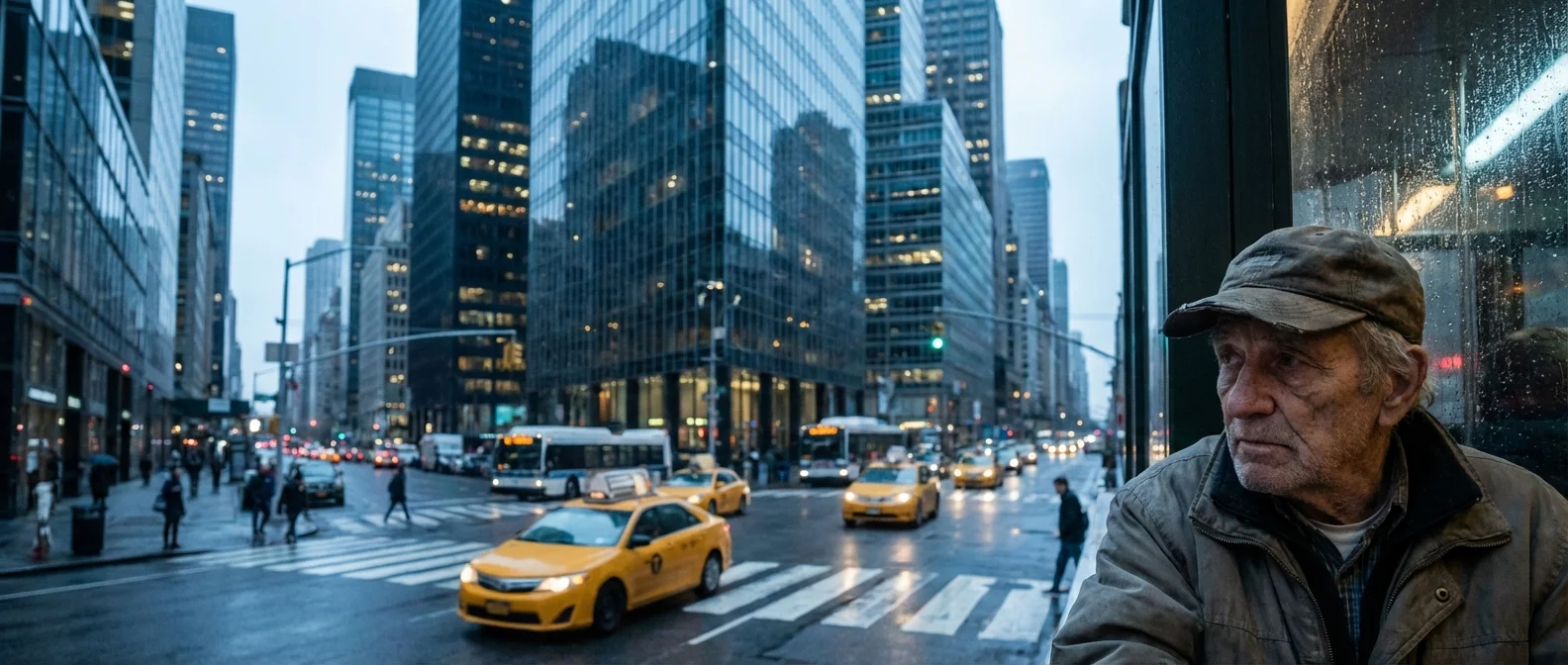 A senior looking at a busy, expensive city skyline.