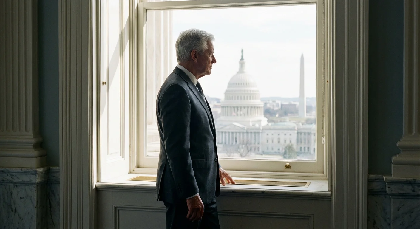 A senior male professional looking out over the Washington D.C. skyline from an office.