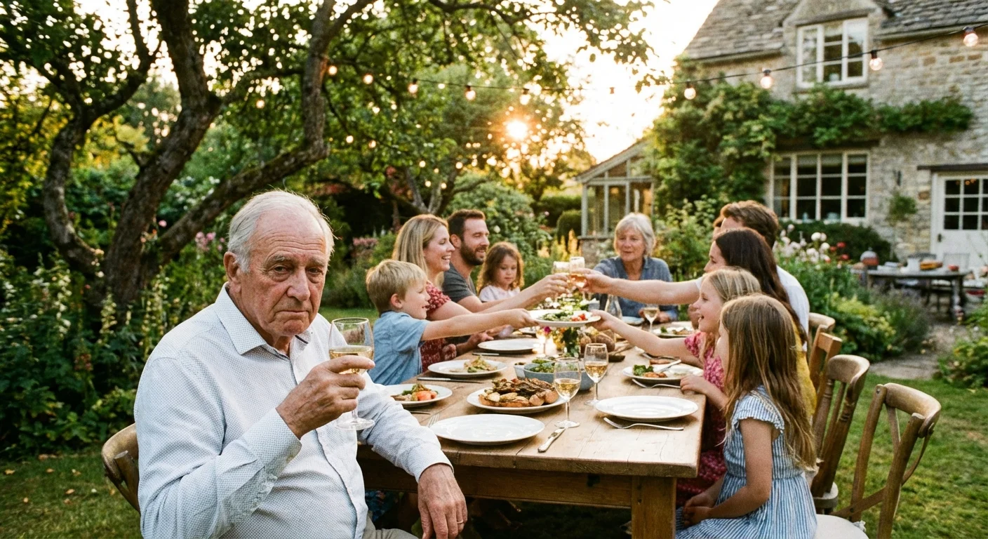 A senior man at a family dinner looking thoughtful amidst the celebration.