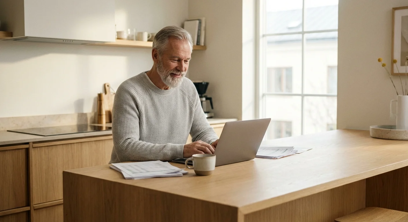A senior man calmly managing his finances on a laptop in a bright, clean kitchen.
