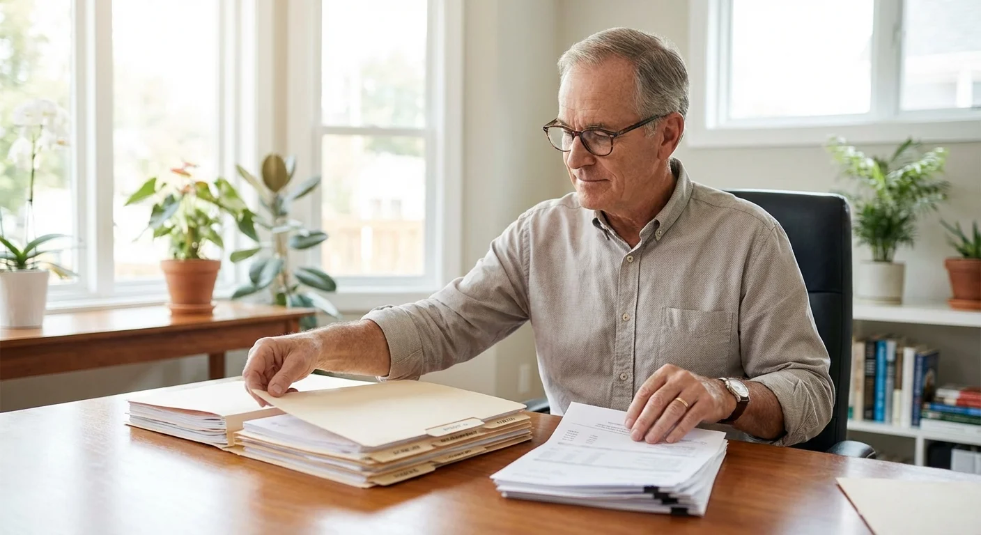 A senior man calmly organizing financial documents at a desk in a bright office.