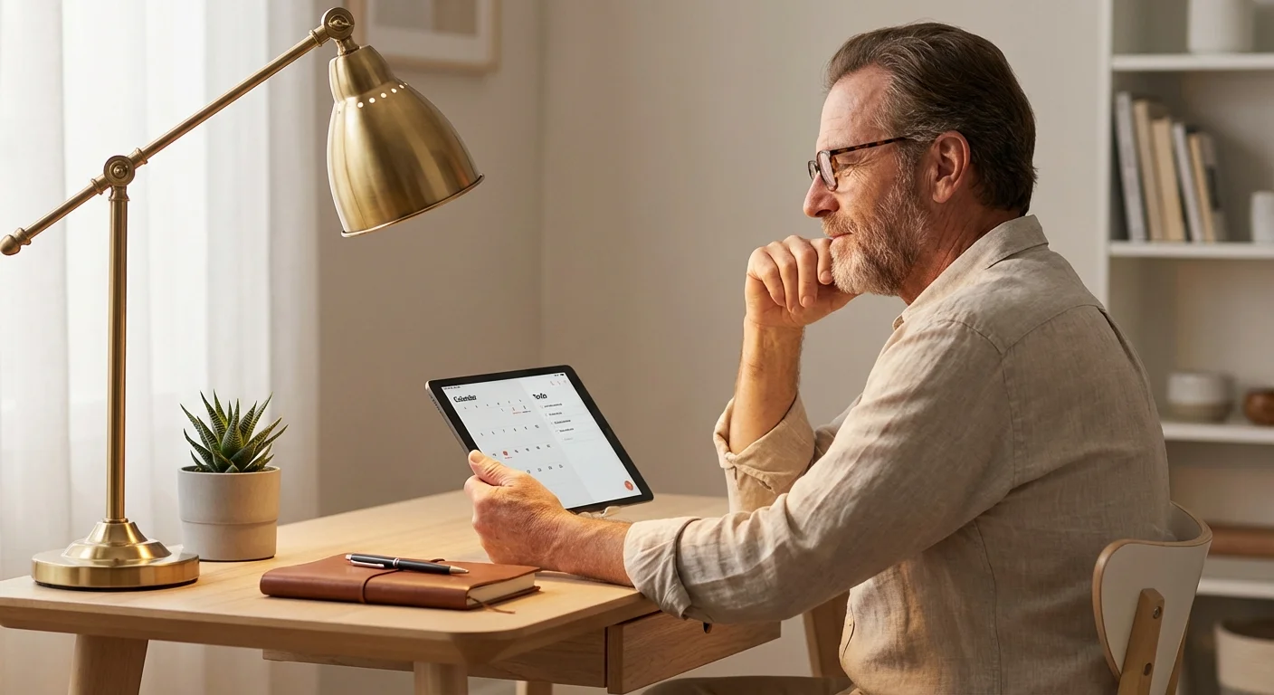 A senior man carefully reviewing information on a tablet.