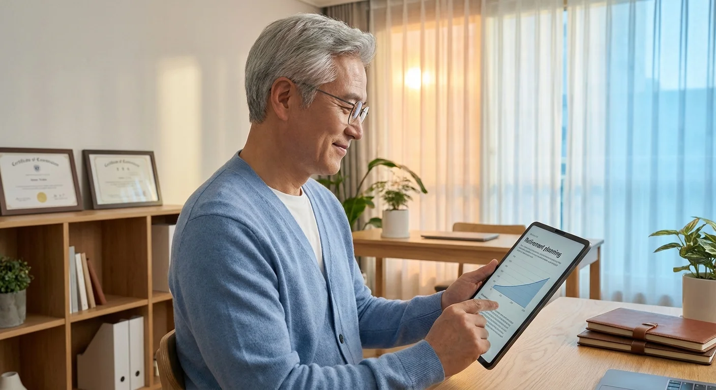A senior man checking financial updates on a tablet in a well-lit home office.