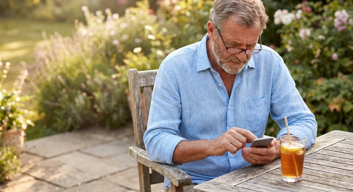 A senior man checking his bank account on a smartphone while sitting on a sunny patio.