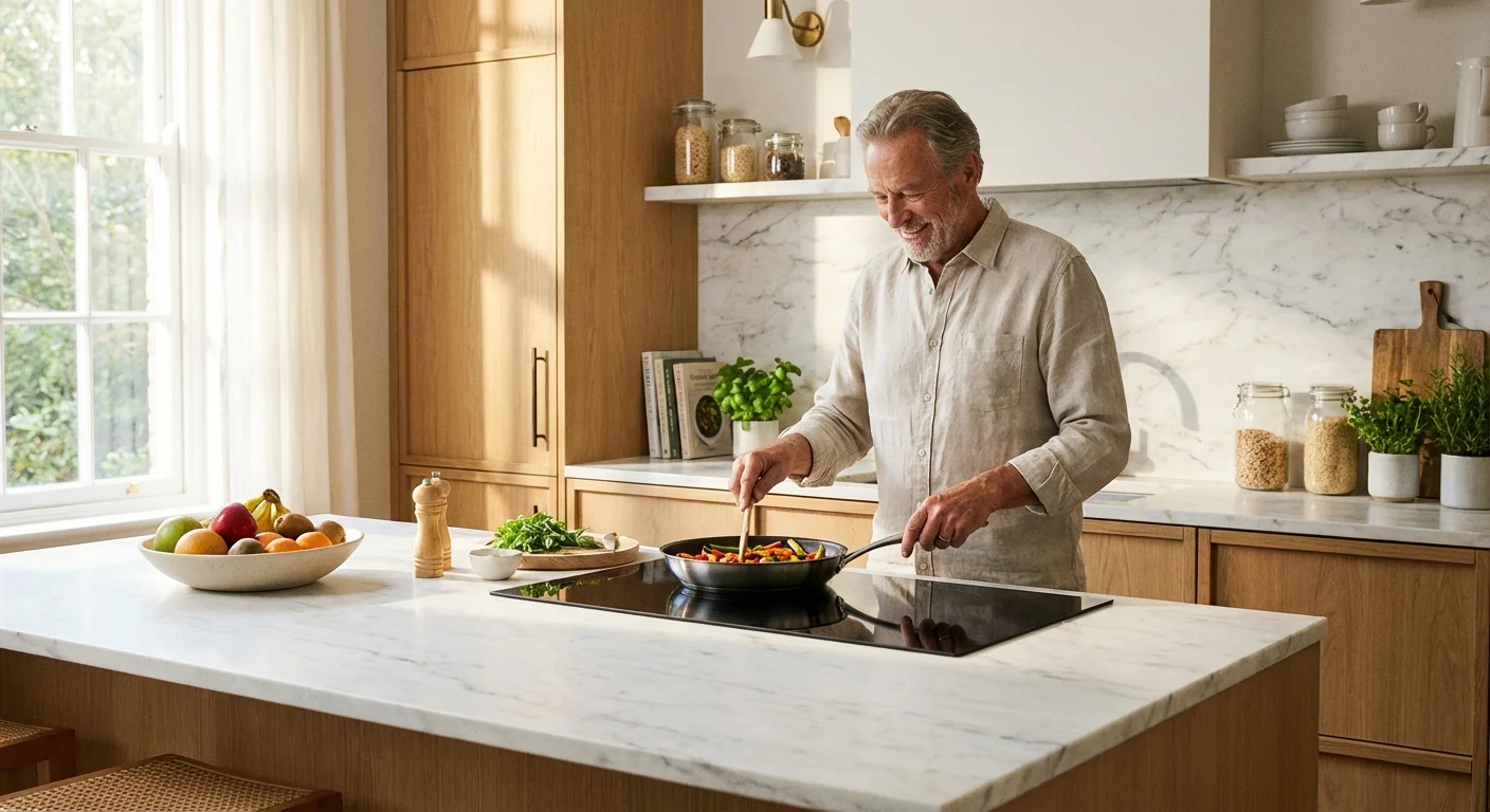 A senior man cooking in a modern, well-lit kitchen with smart appliances.