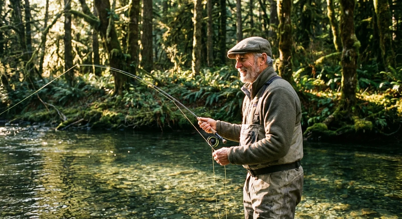 A senior man fly-fishing in a beautiful forest river.