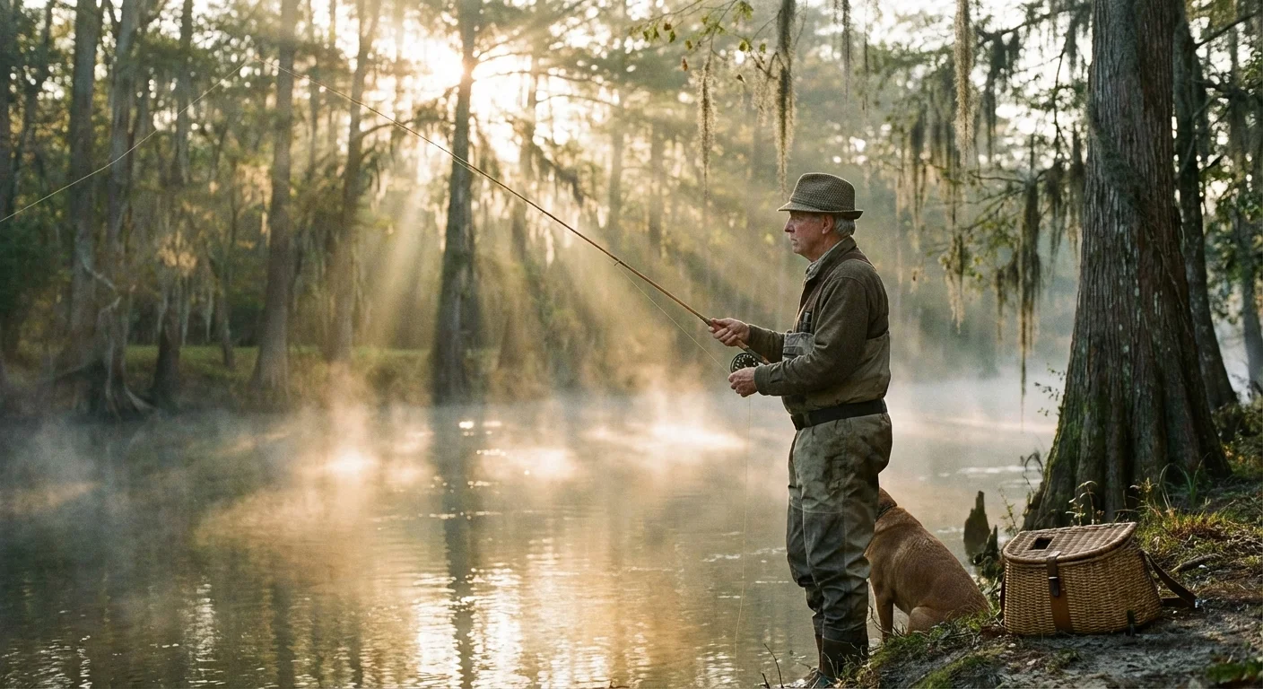 A senior man fly-fishing in a misty river during sunrise.