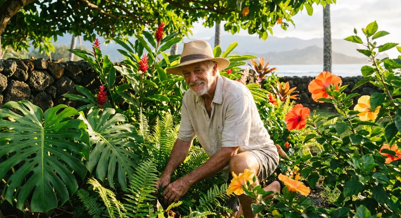 A senior man gardening in a lush tropical setting.