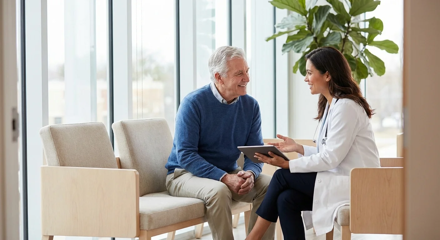 A senior man having a consultation in a modern, bright medical office.
