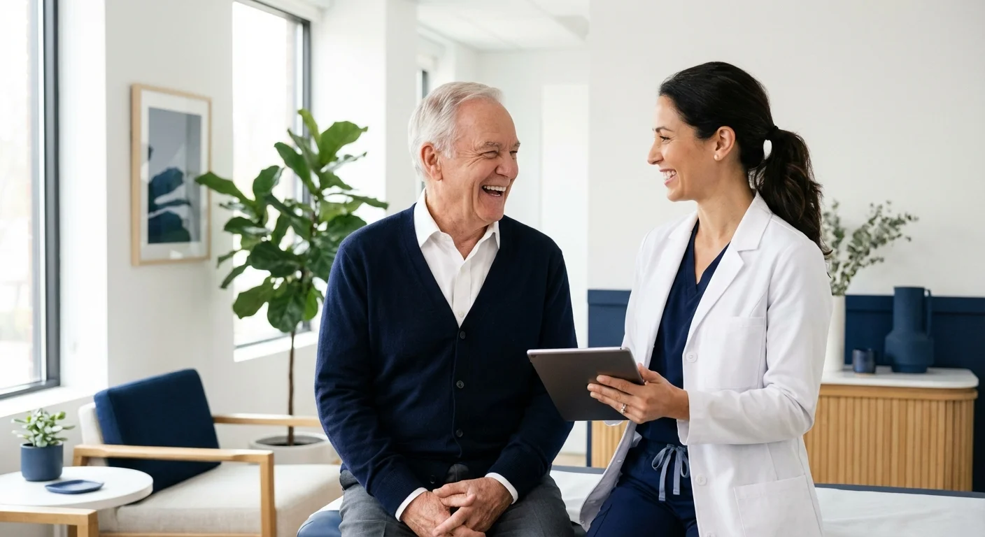 A senior man having a friendly consultation with a healthcare professional.