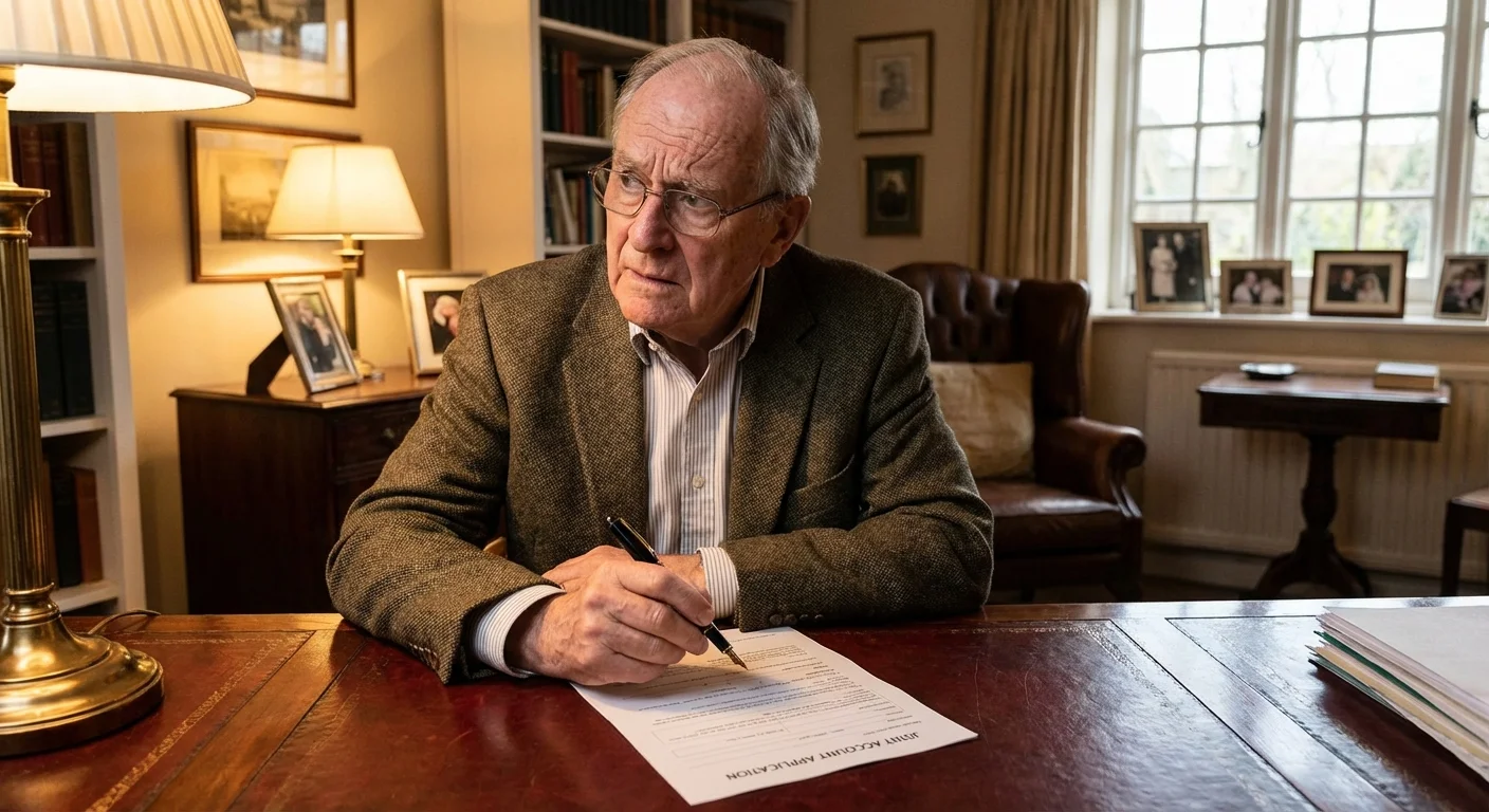 A senior man hesitating to sign a bank document at a desk.