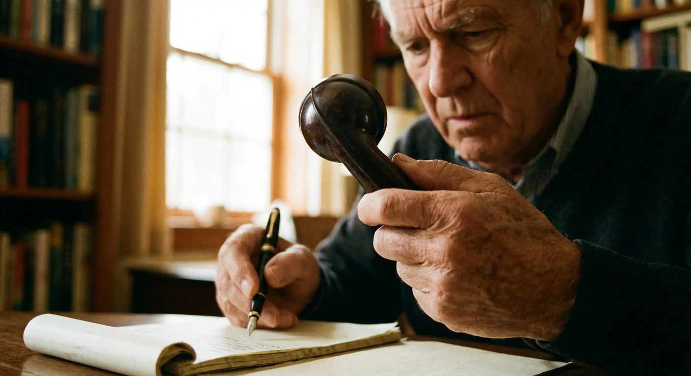 A senior man holding a phone and a pen, appearing cautious during a call.