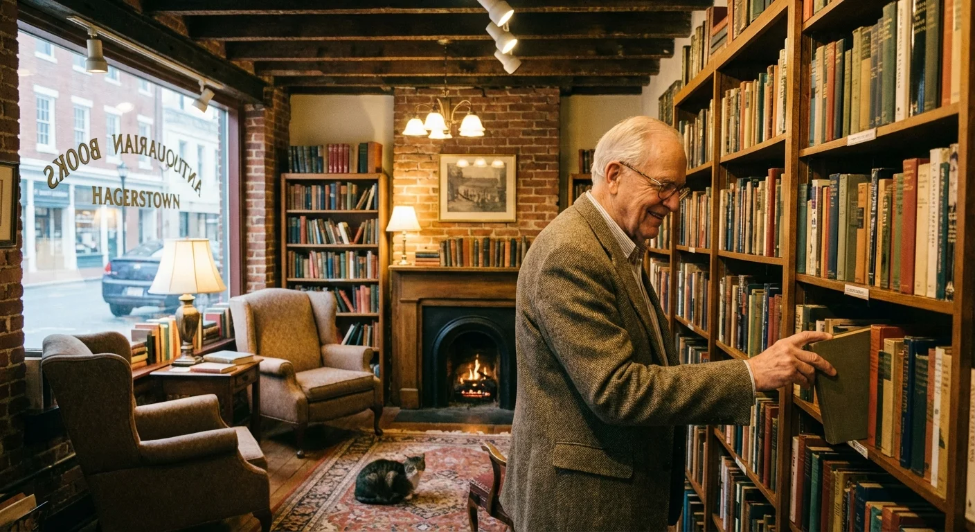 A senior man in a cozy bookstore in Hagerstown, Maryland.