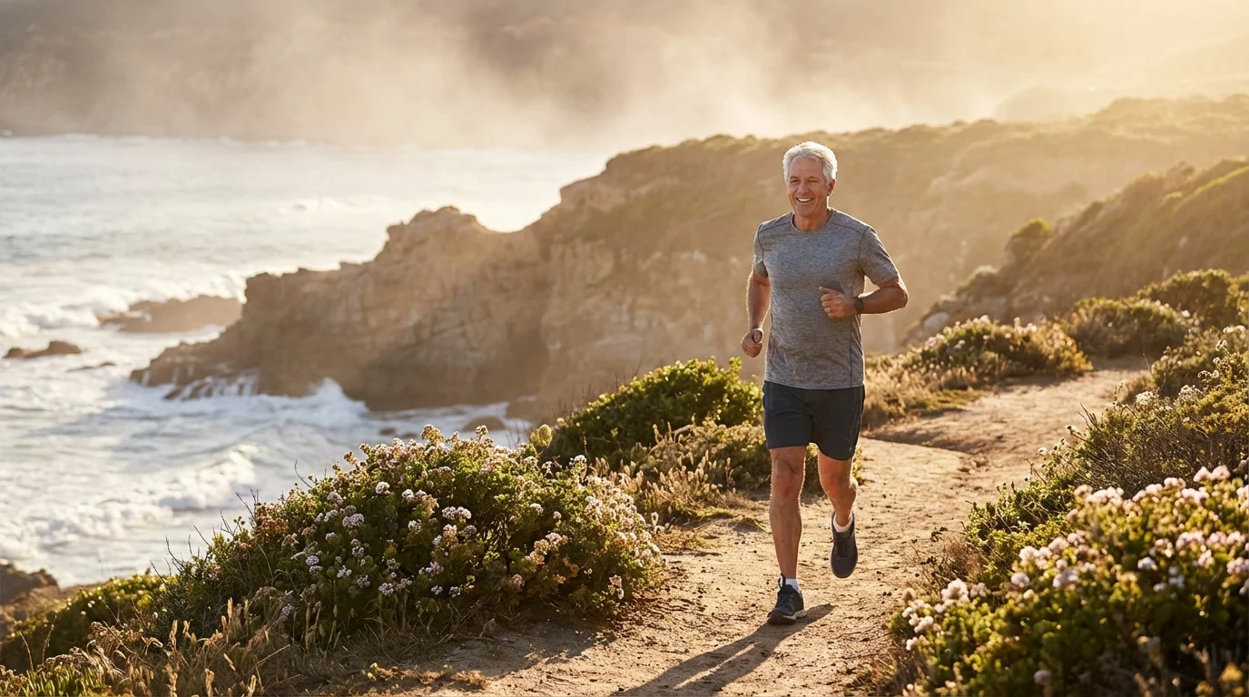 A senior man jogging on a beach at sunrise.