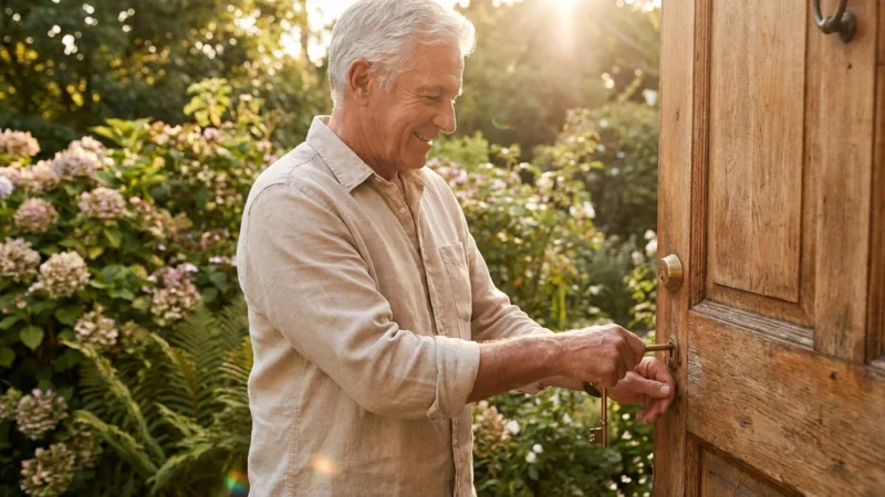 A senior man locking his front door during golden hour, representing home security.