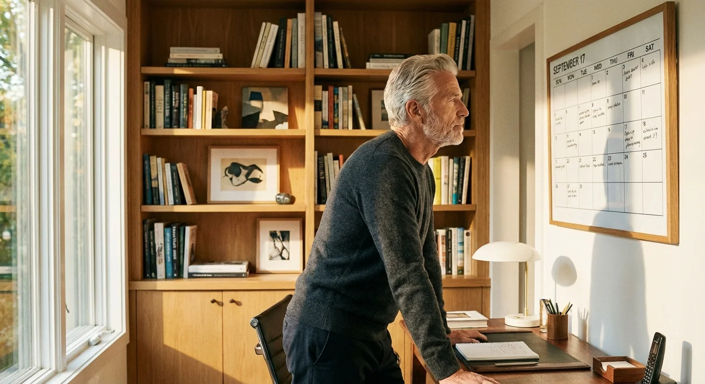 A senior man looking at a calendar in a well-lit home office.