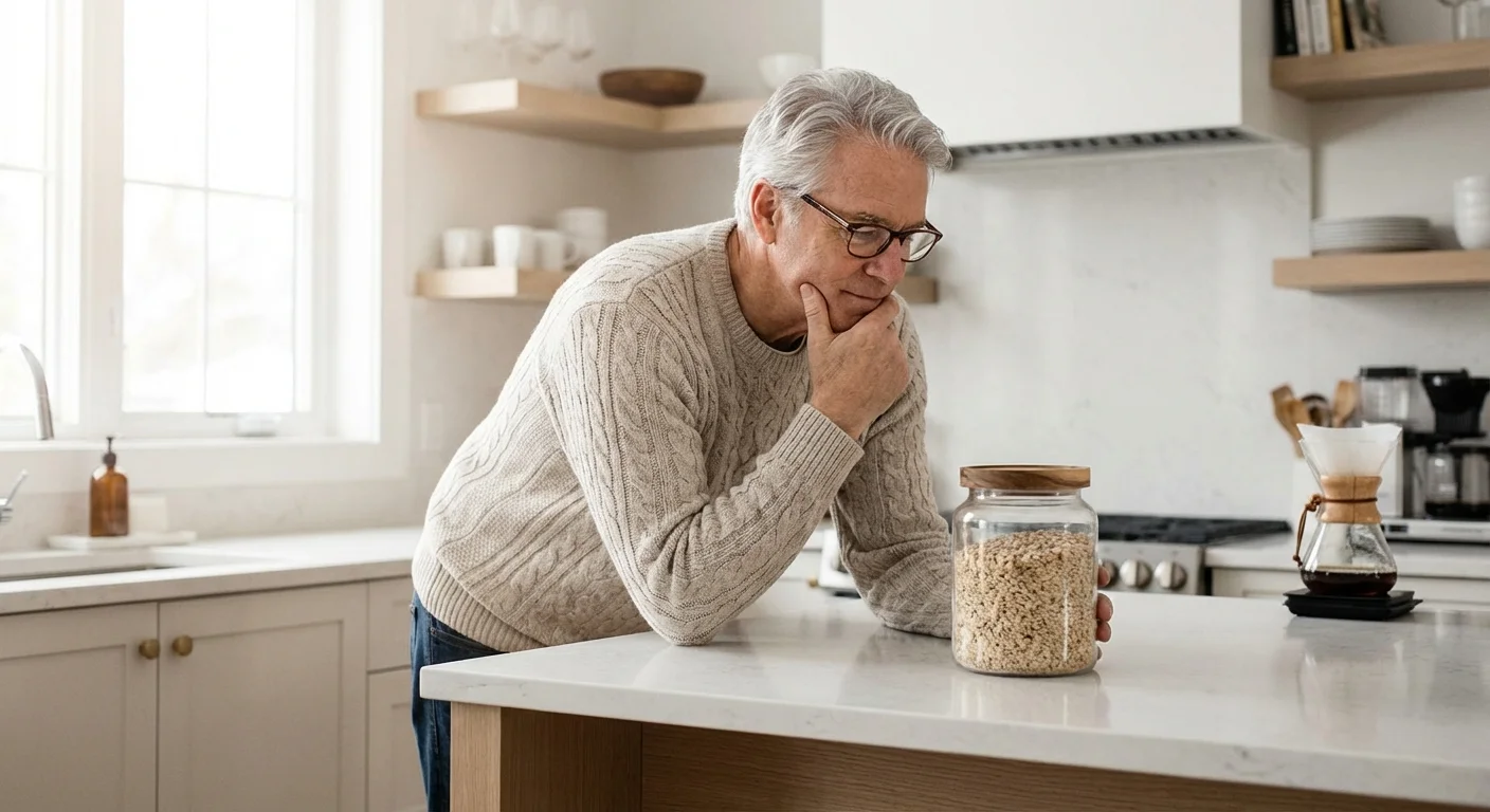 A senior man looking at a large bulk item in a modern kitchen.