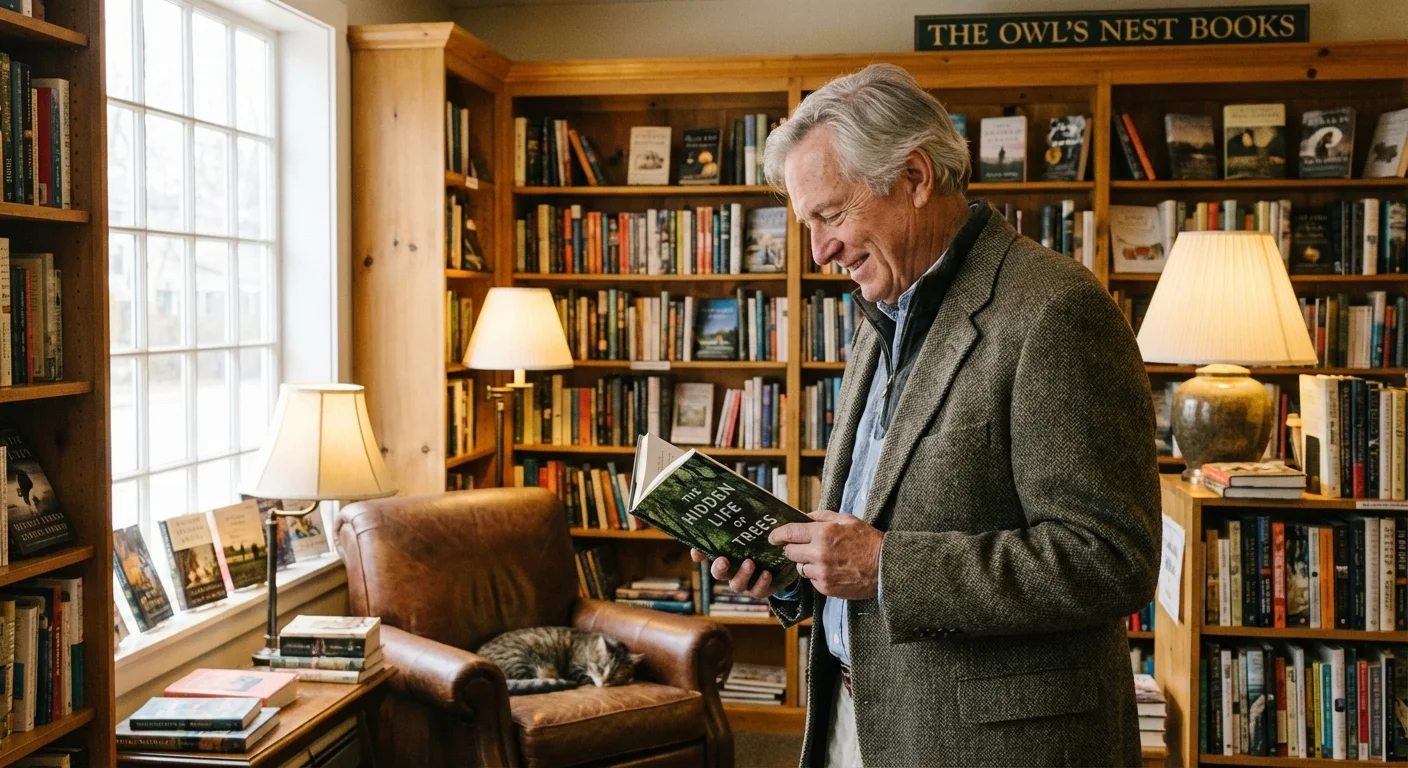 A senior man looking at books in a cozy, well-lit bookstore.
