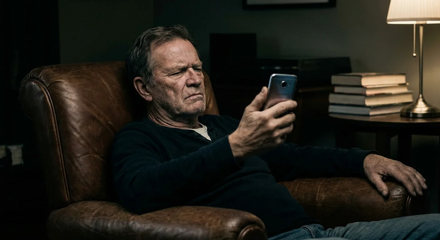 A senior man looking cautiously at his phone in a dimly lit room.