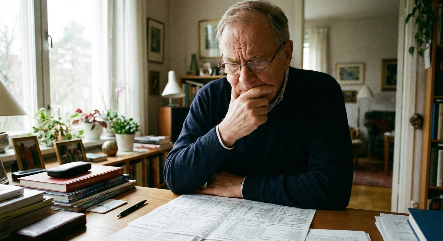A senior man looking concerned while reading a document.