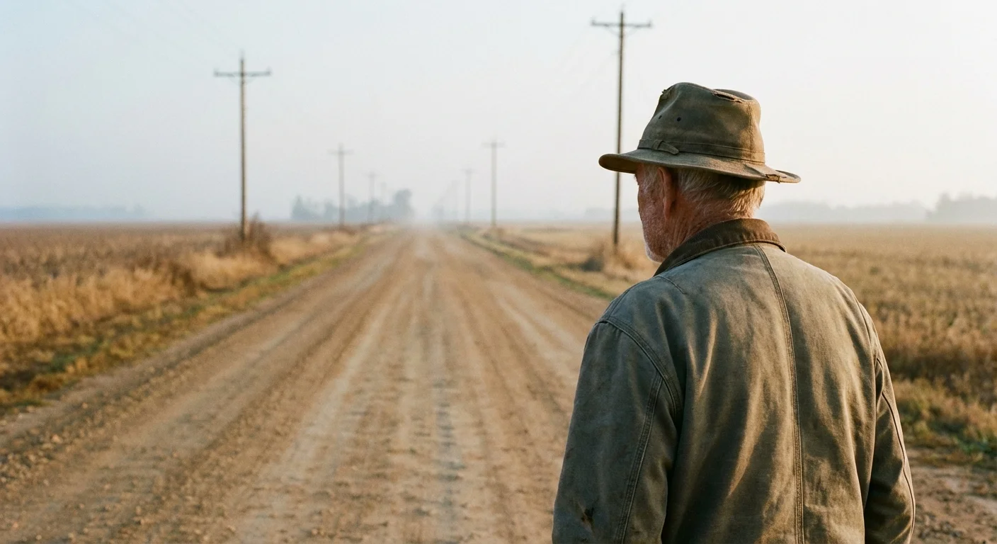 A senior man looking down a long rural road, symbolizing distance to healthcare.