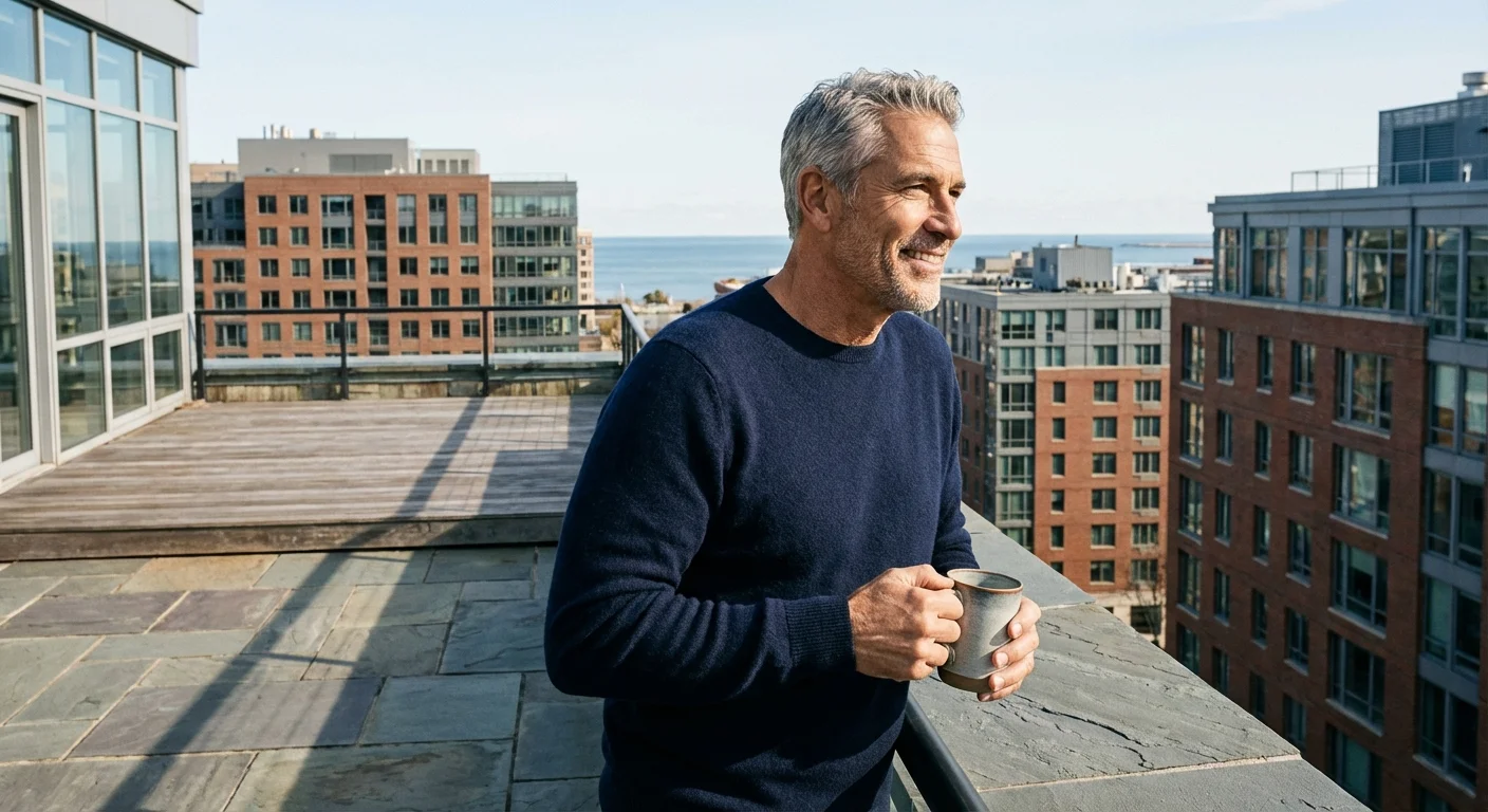 A senior man looking out over a city skyline in the Northeast.